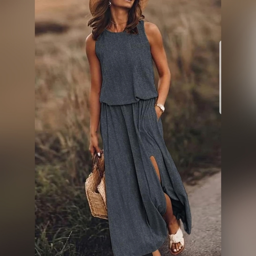 💚Summer Beach Dresses Casual Maxi Dresses Sleeveless Tank Sun Dress with Pocket - Picture 3 of 5